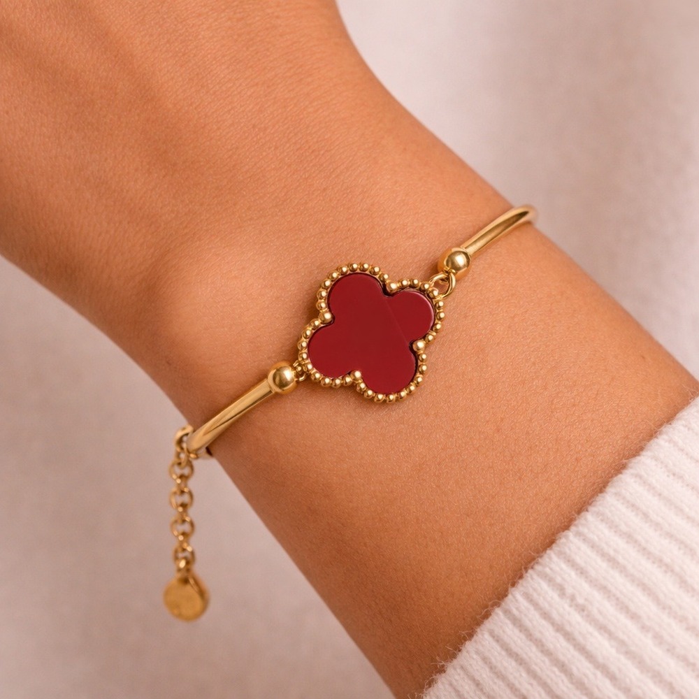 18K Gold Plated Clover Bracelet Red Enamel Dainty Adjustable Minimalist